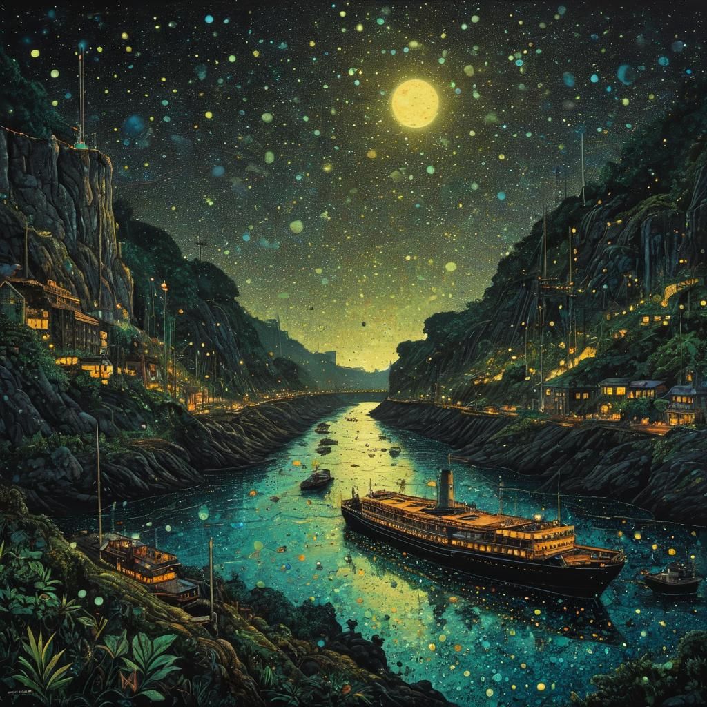 Panama Canal: Whimsical Bioluminescent Pointillism