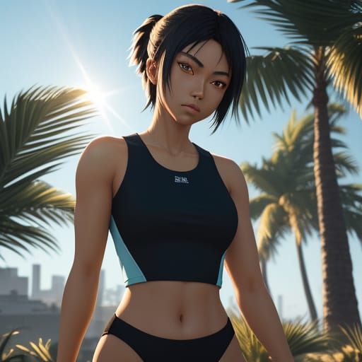 Glowing Anime Girl in Vibrant Bathing Suit