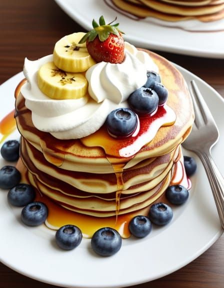 Fluffy Rainbow Pancakes with Toppings, Watercolor Style