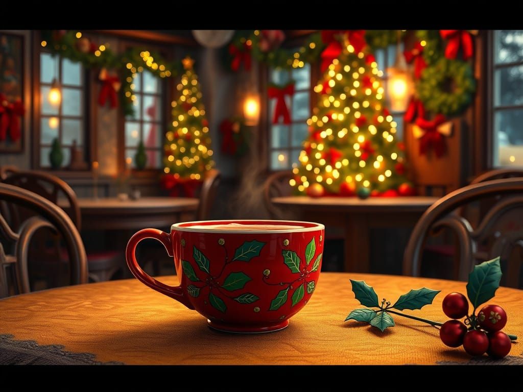 Whimsical Winter Cafe Scene in Festive Christmas Style