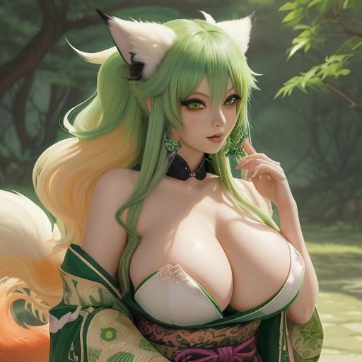 Jade BBW Kitsune with Green Hair in Anime Style