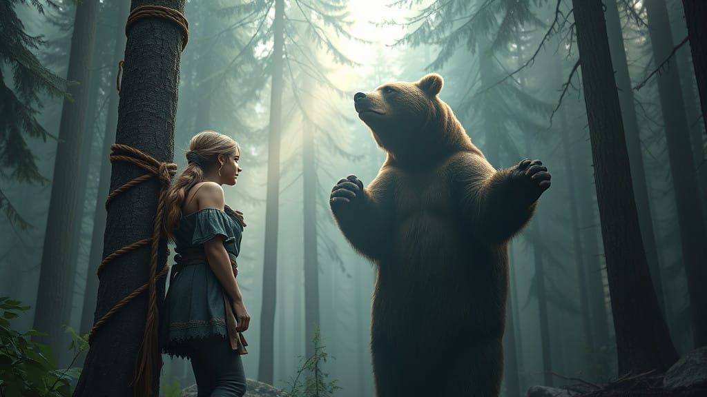 Woman Bound to Tree, Surrounded by Enchanted Forest and Maje...