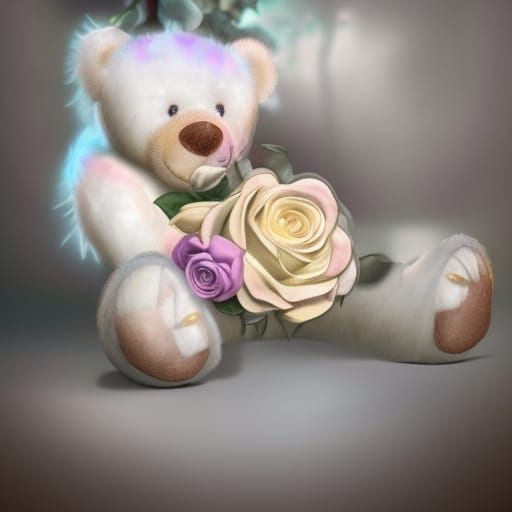 Teddy Bear Holding Rose in Detailed Pastel Painting