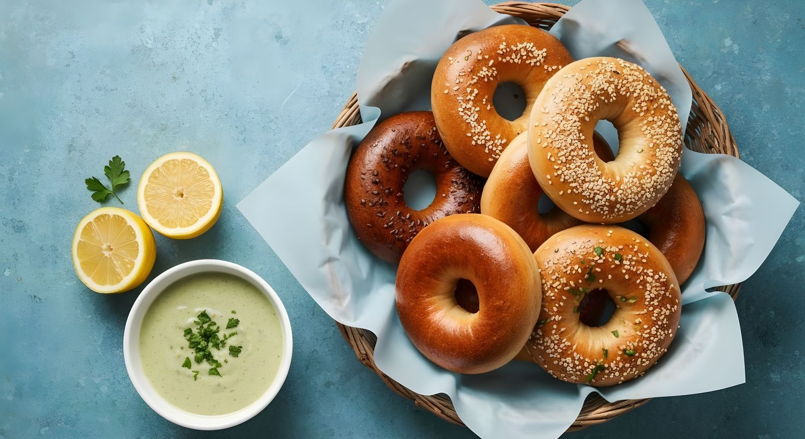 Gourmet Bagel Breakfast Spread in Rustic Basket