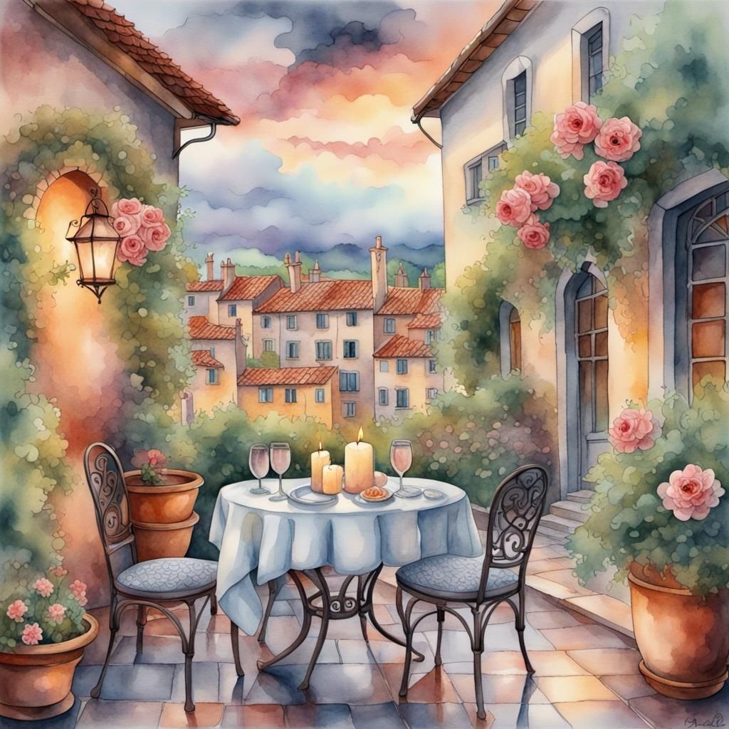 Romantic Italian Patio Dinner in Watercolour Style