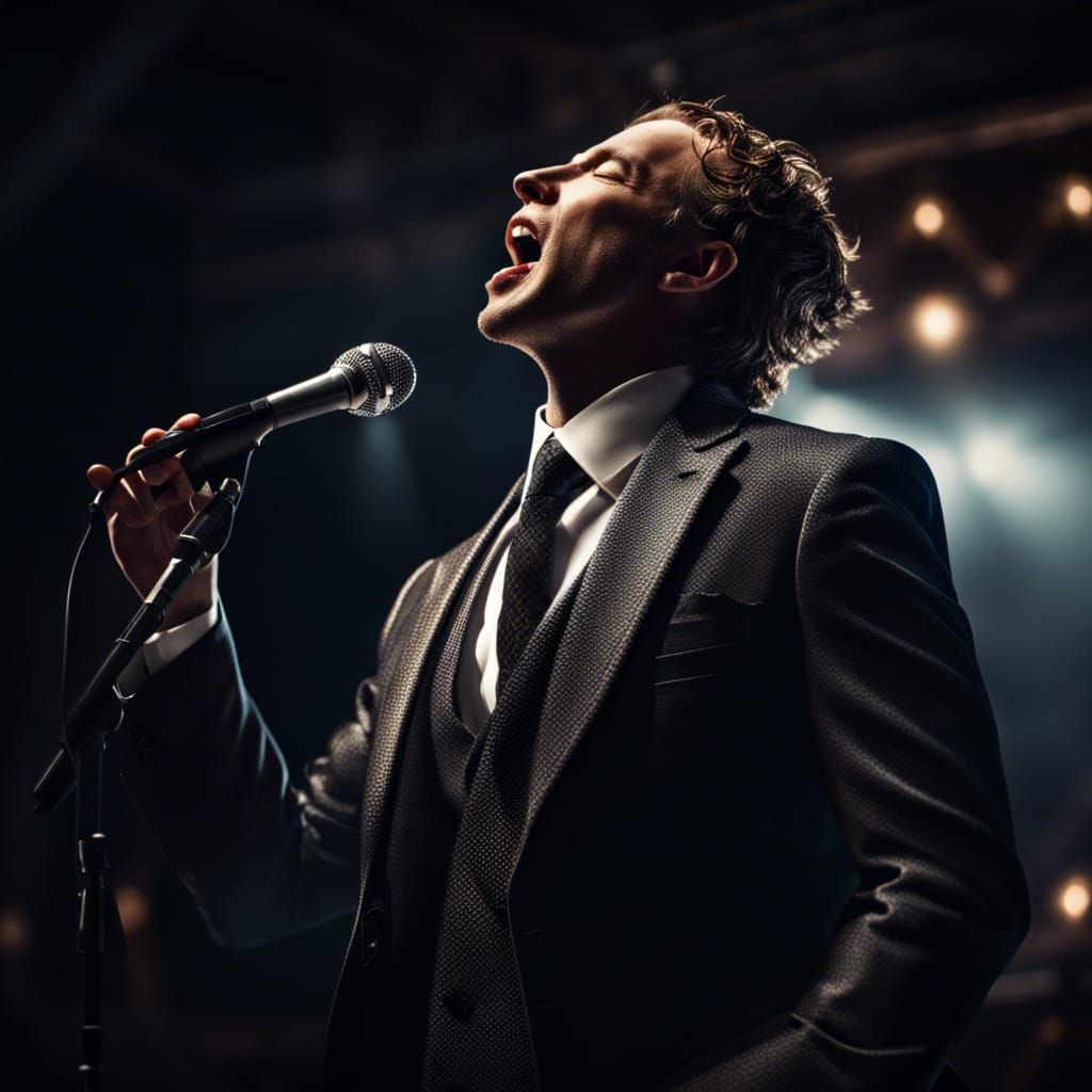 Hyperrealistic Photo of Man Singing in Suit