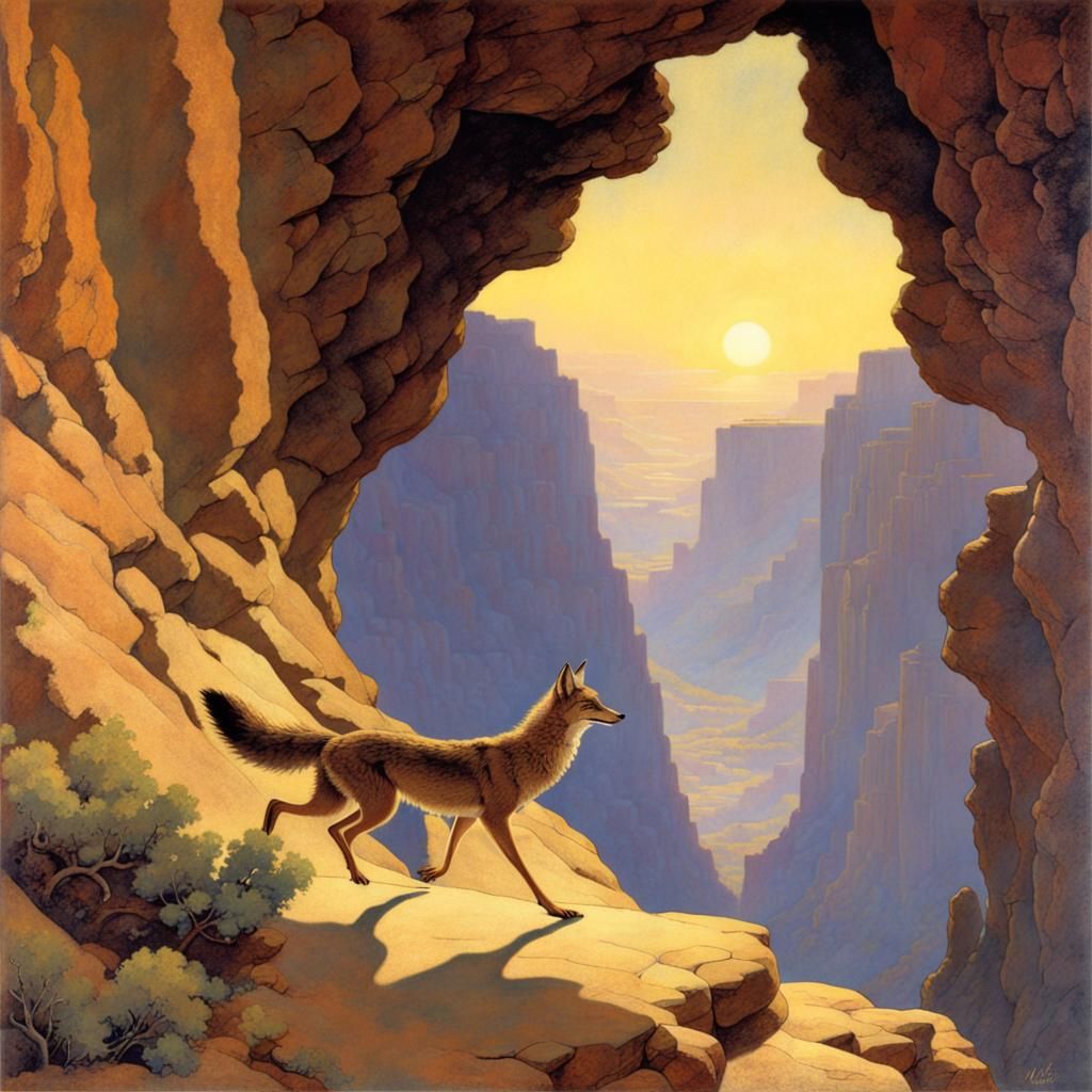 Coyote and Roadrunner in Canyon: Parrish-Style Painting