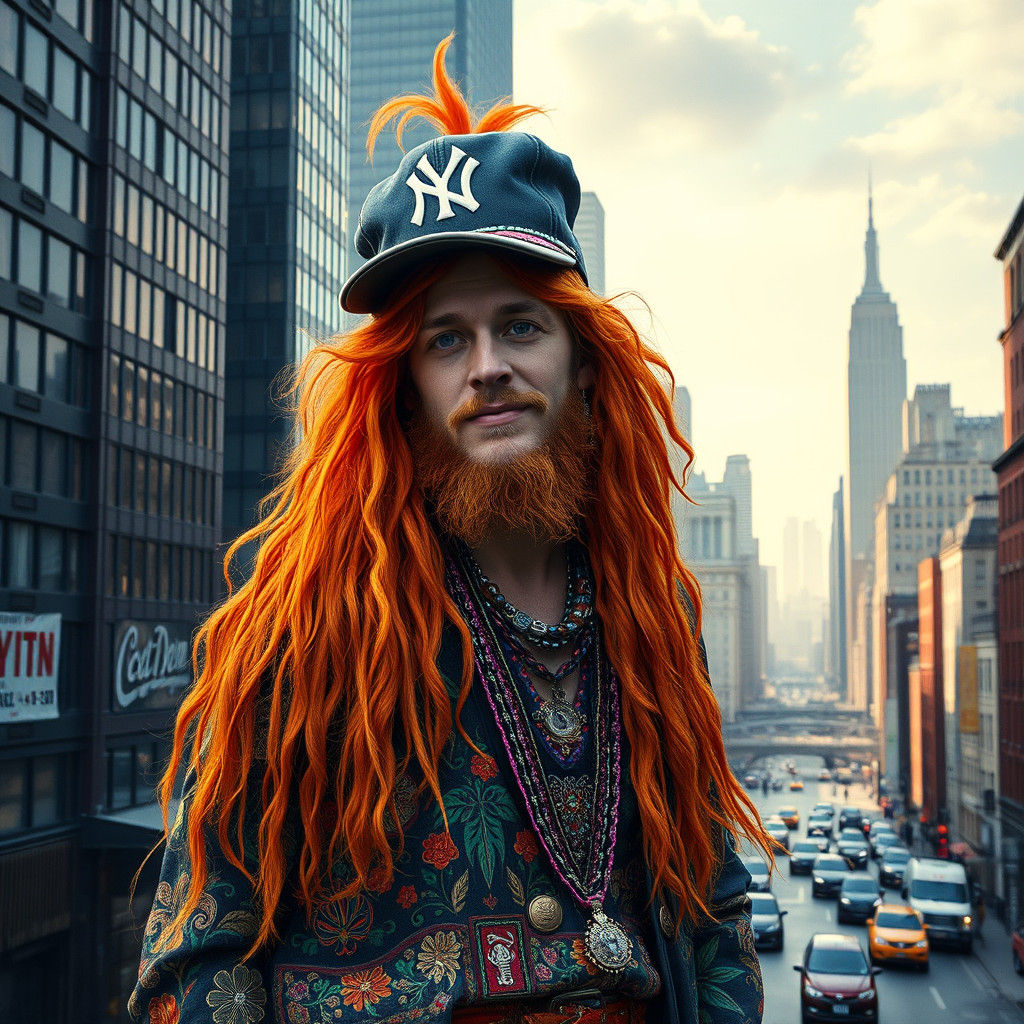 Hippie with Orange Hair in New York Cityscape