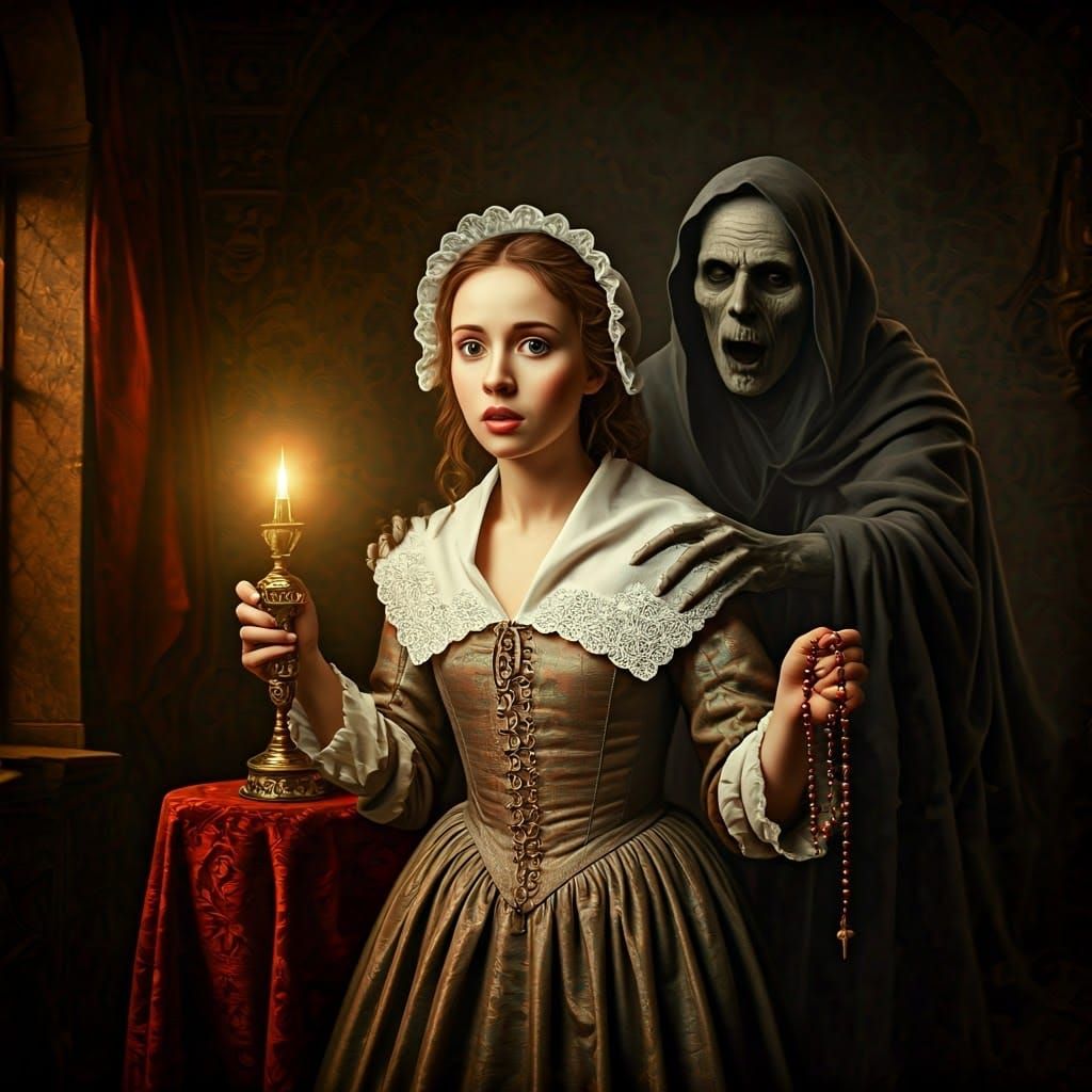 Baroque Woman Confronts Eerie Specter in Richly Detailed Oil...