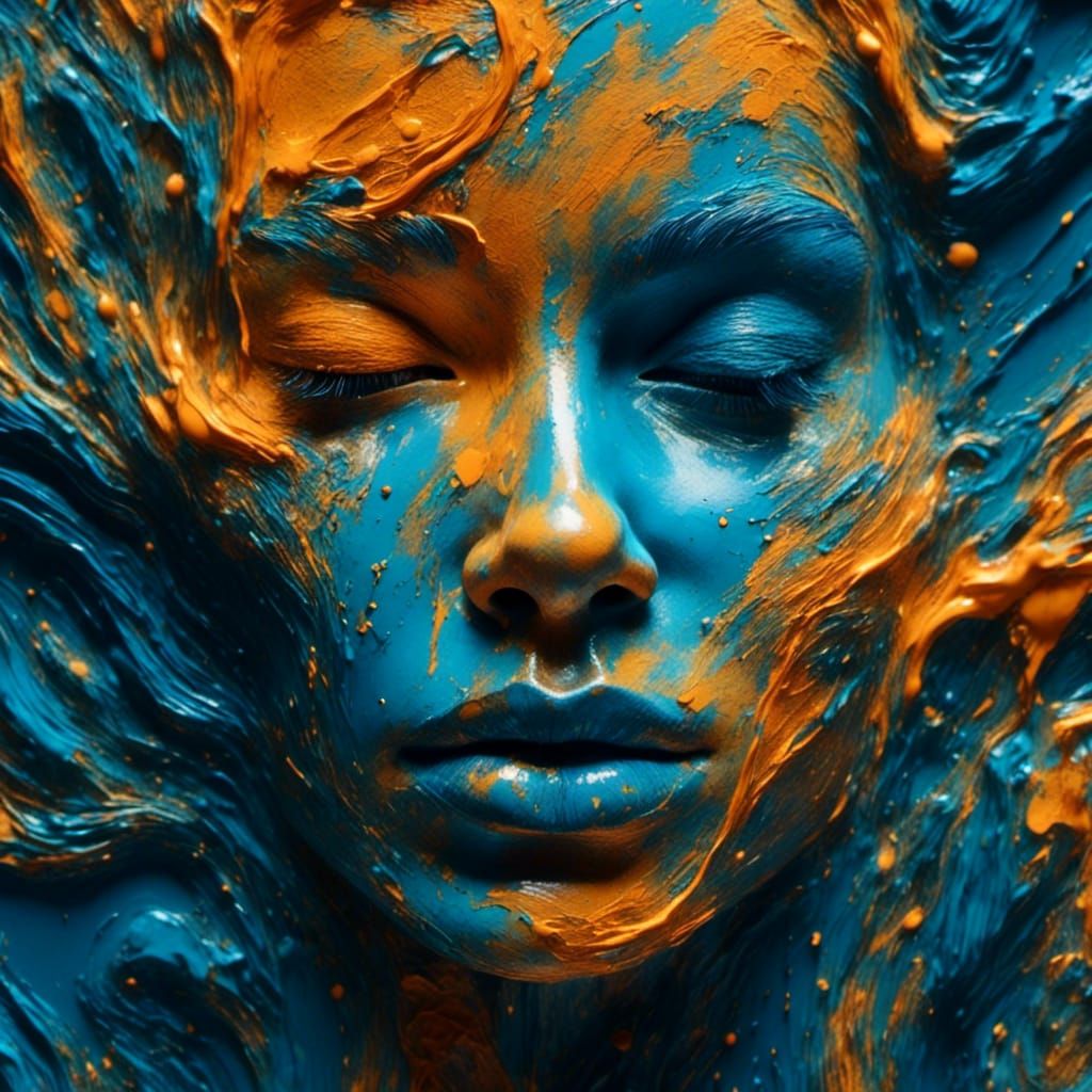 Woman's Face in Swirling Blue and Orange Paint