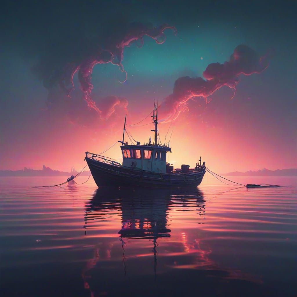 Synthwave Fishing Boat Drifting on Neon Sea