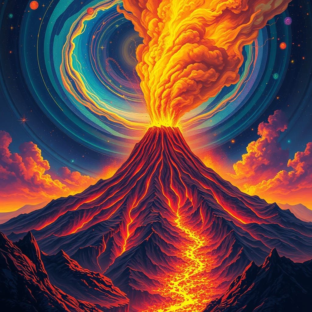 Erupting Volcano in Astral Cosmic Scene