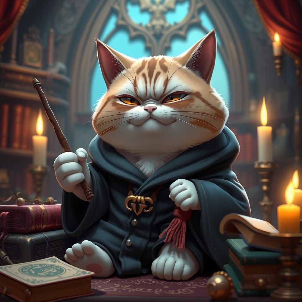 Fat Cat Wizard in Whimsical Hogwarts Robes