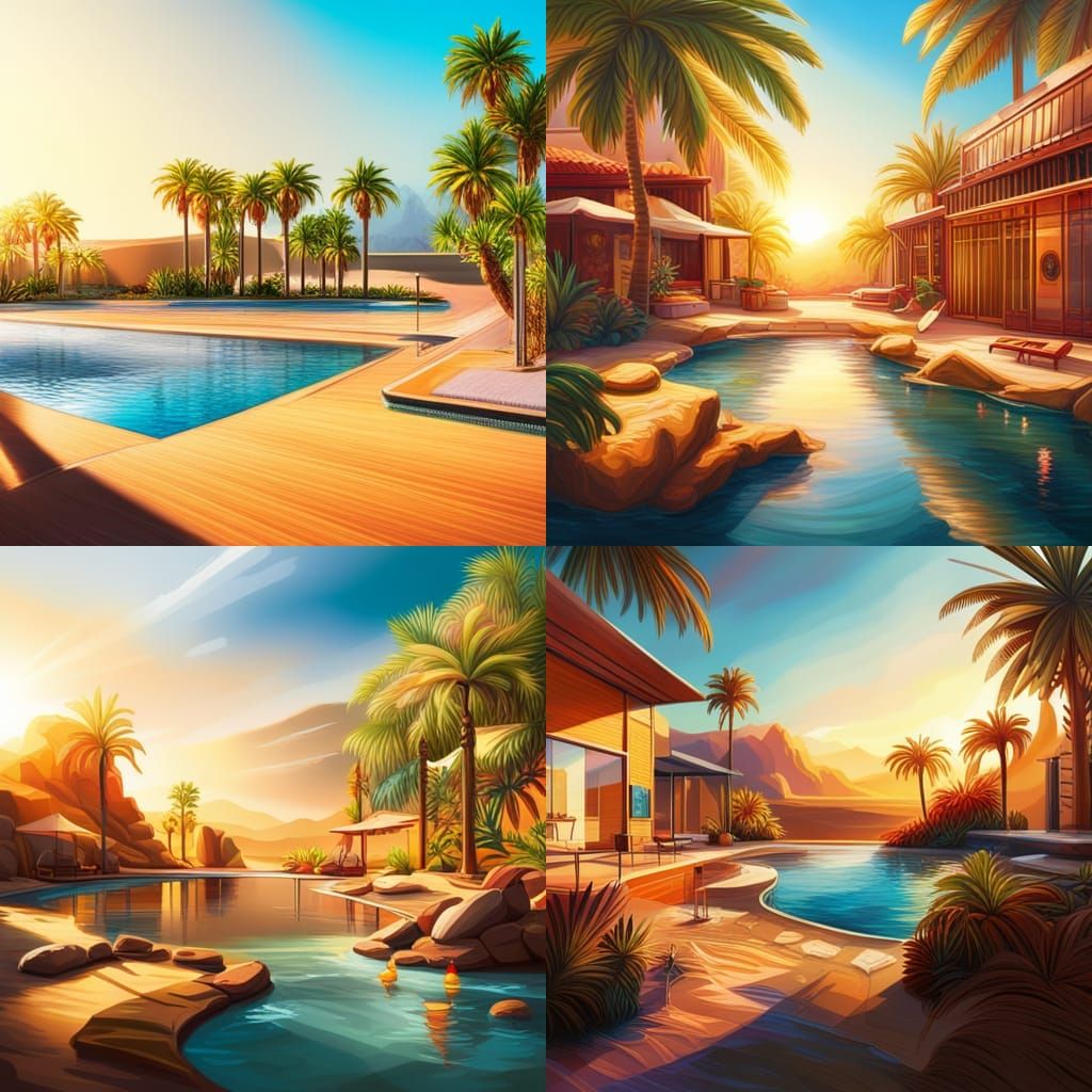 Tropical Desert Oasis in Hyperrealistic Splash Art