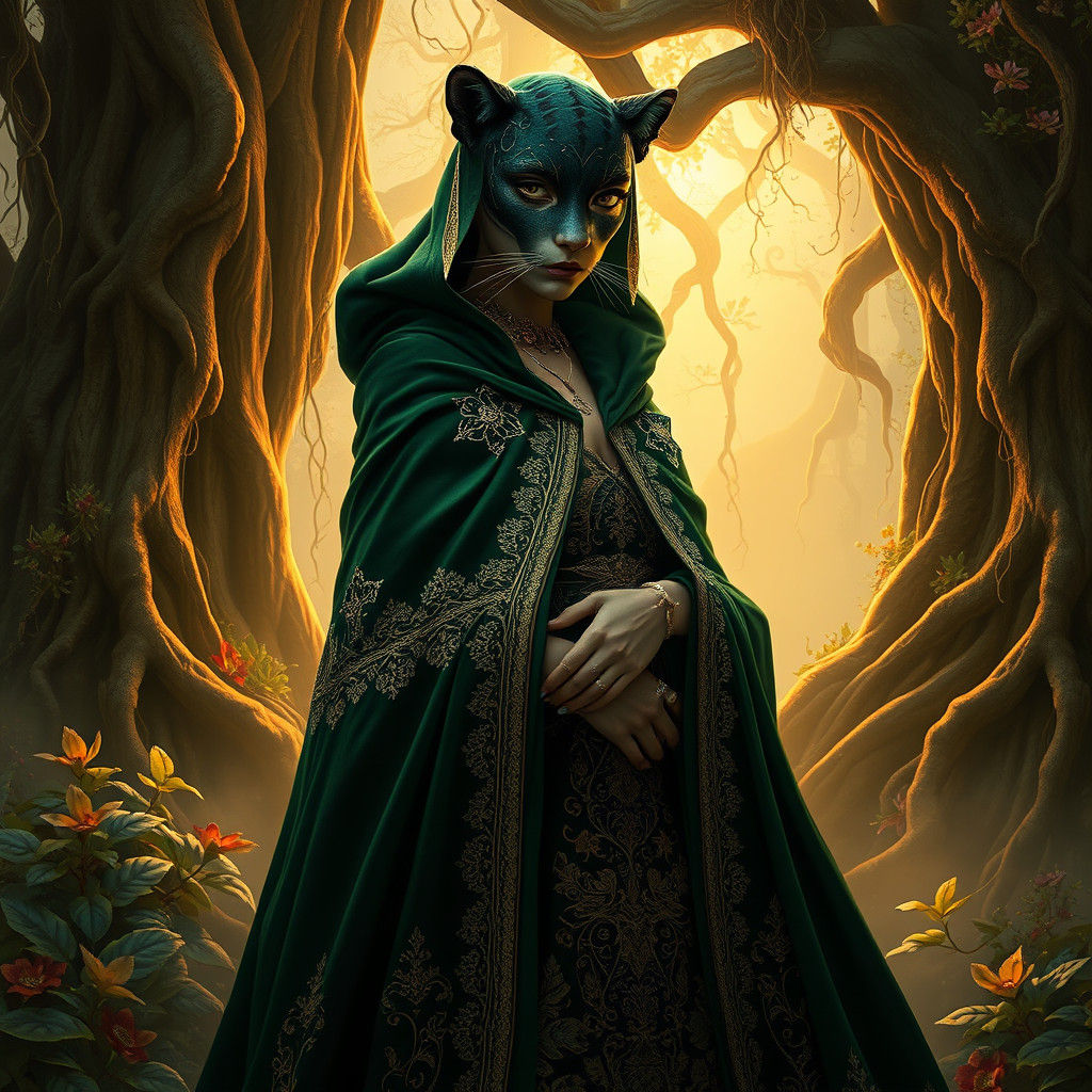 Heroic Panther Woman in Mystical Forest