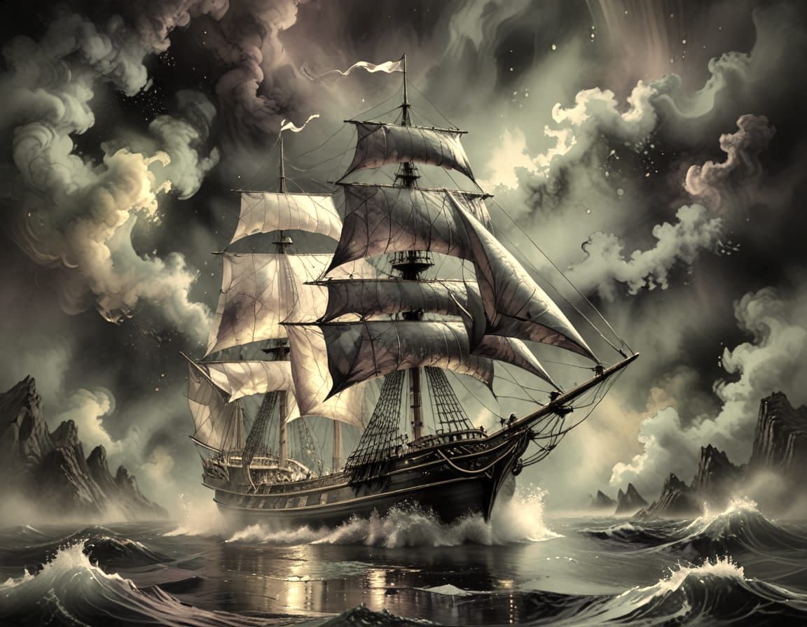 Majestic Ship Navigates Mist Sea in Alcohol Ink Style