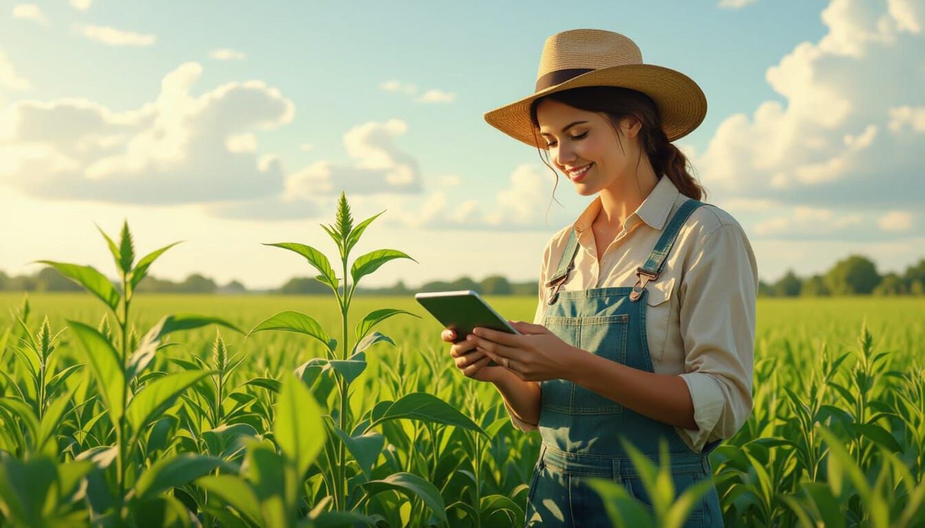 Farmer Uses AI Tablet in Lush Green Field