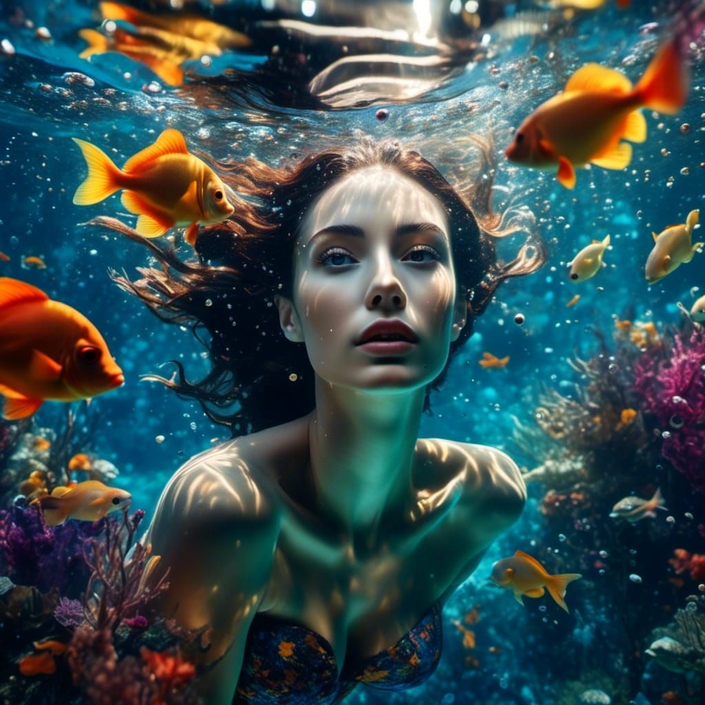 Beautiful Woman Swimming Underwater in Exotic Fantasy
