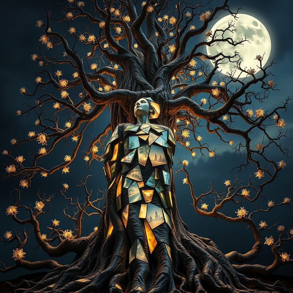 Surreal Woman-Tree Hybrid in Dreamlike Artistic Fusion