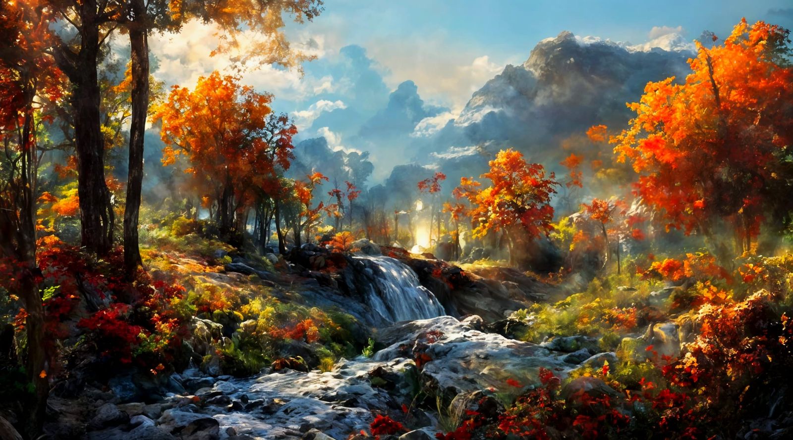 Ethereal Autumn Waterfall Landscape Painting