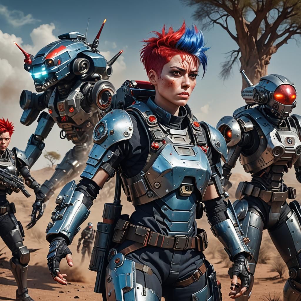 Combat woman dressed in body armor, short spiky blue red hair, semi holographic monocle, angry expression, wearing a sur...