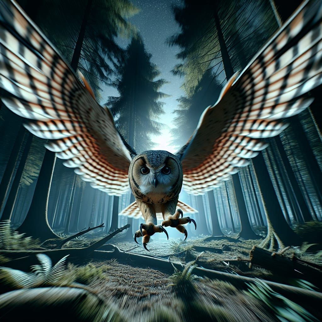 Owl Mid-Flight in Nocturnal Forest: 4K 3D Render