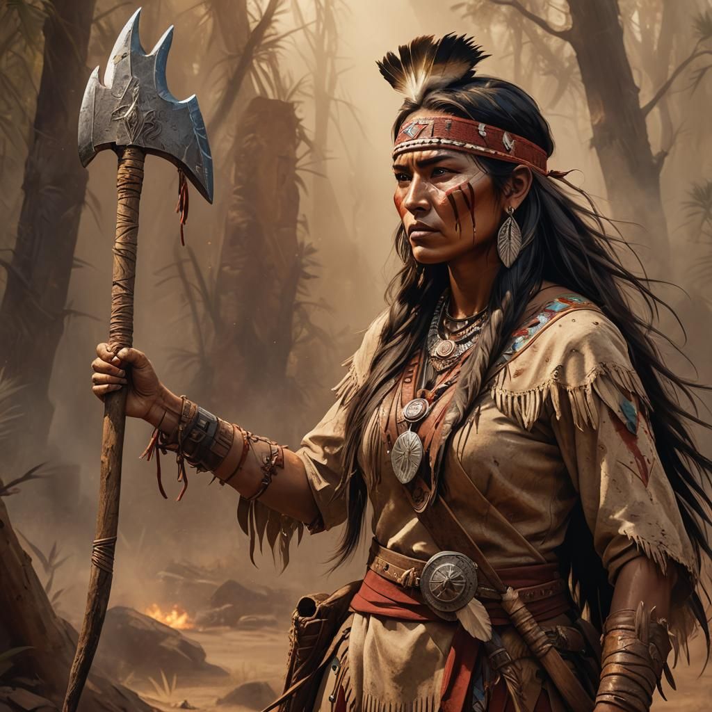 Native American Woman Warrior with Tomahawk