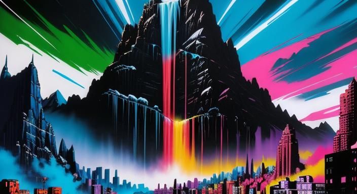 Superhero Waterfall Over Metropolis in Comic Book Art