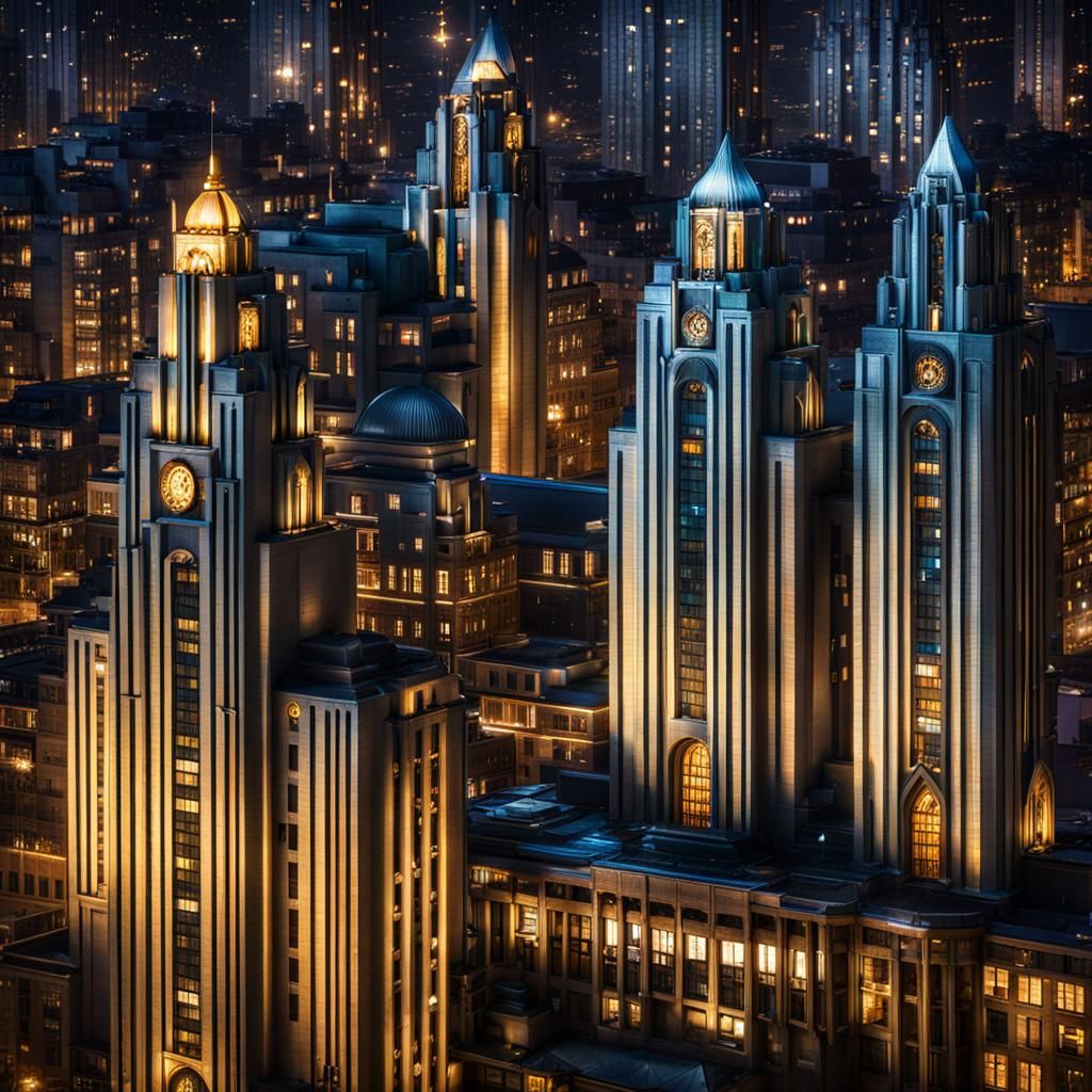 Art Deco Cityscape at Night in HDR