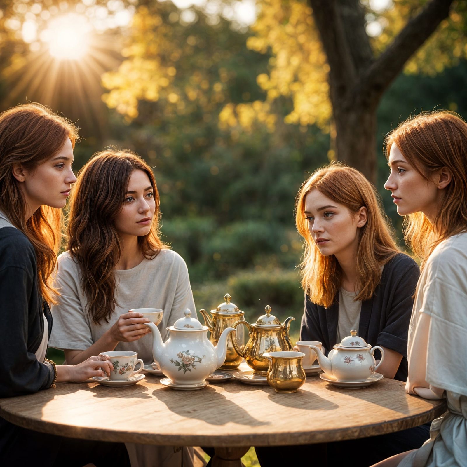 Five University Girls Chatting at a Tea Table