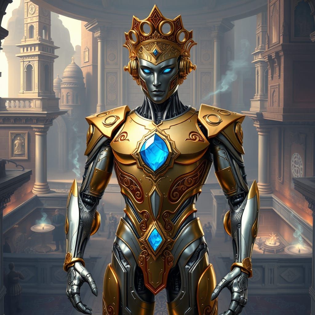 Elegant Silver Automaton with Sapphire Eyes in City Plaza