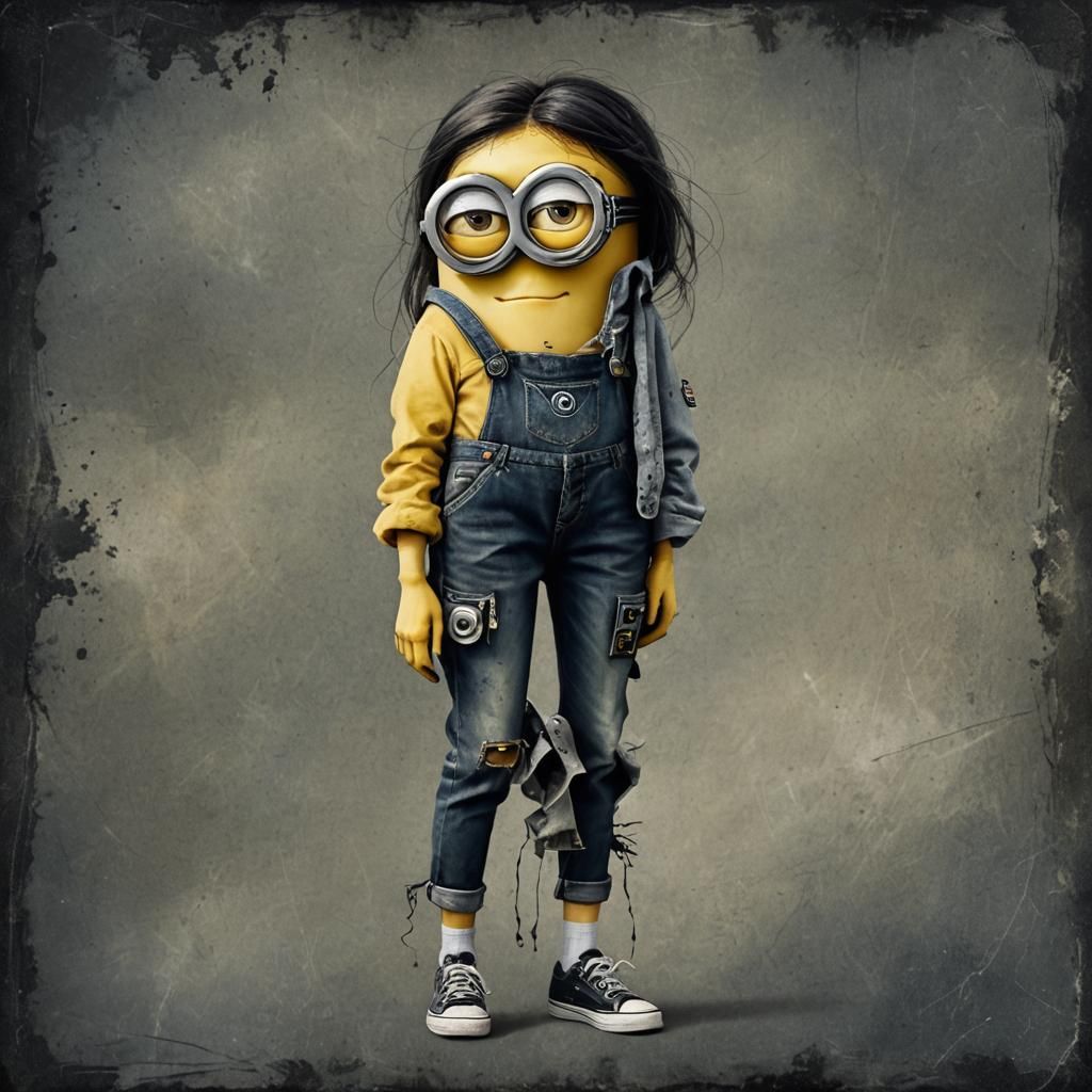 Surreal Minion Head Emergence: Mixed Media Art