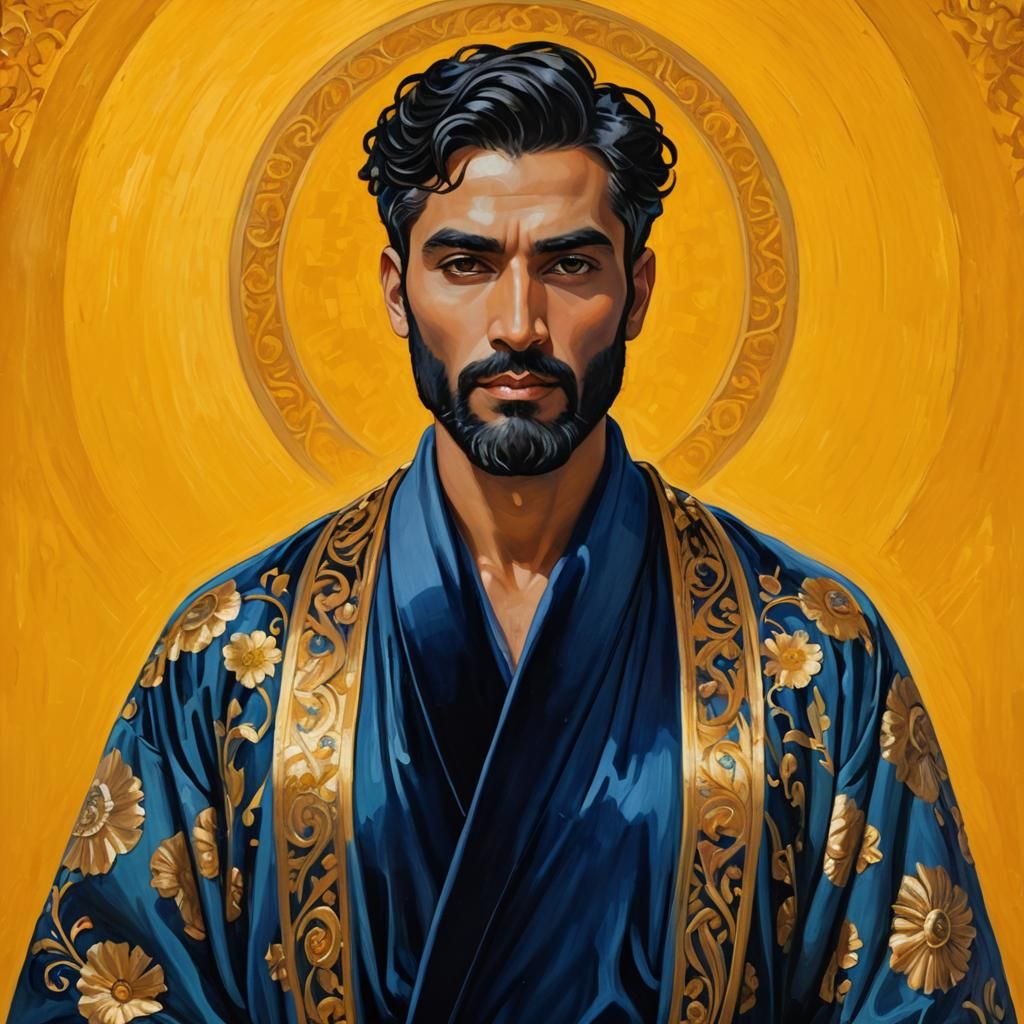 Divine Masculine Figures in Vibrant Art Nouveau Oil Painting