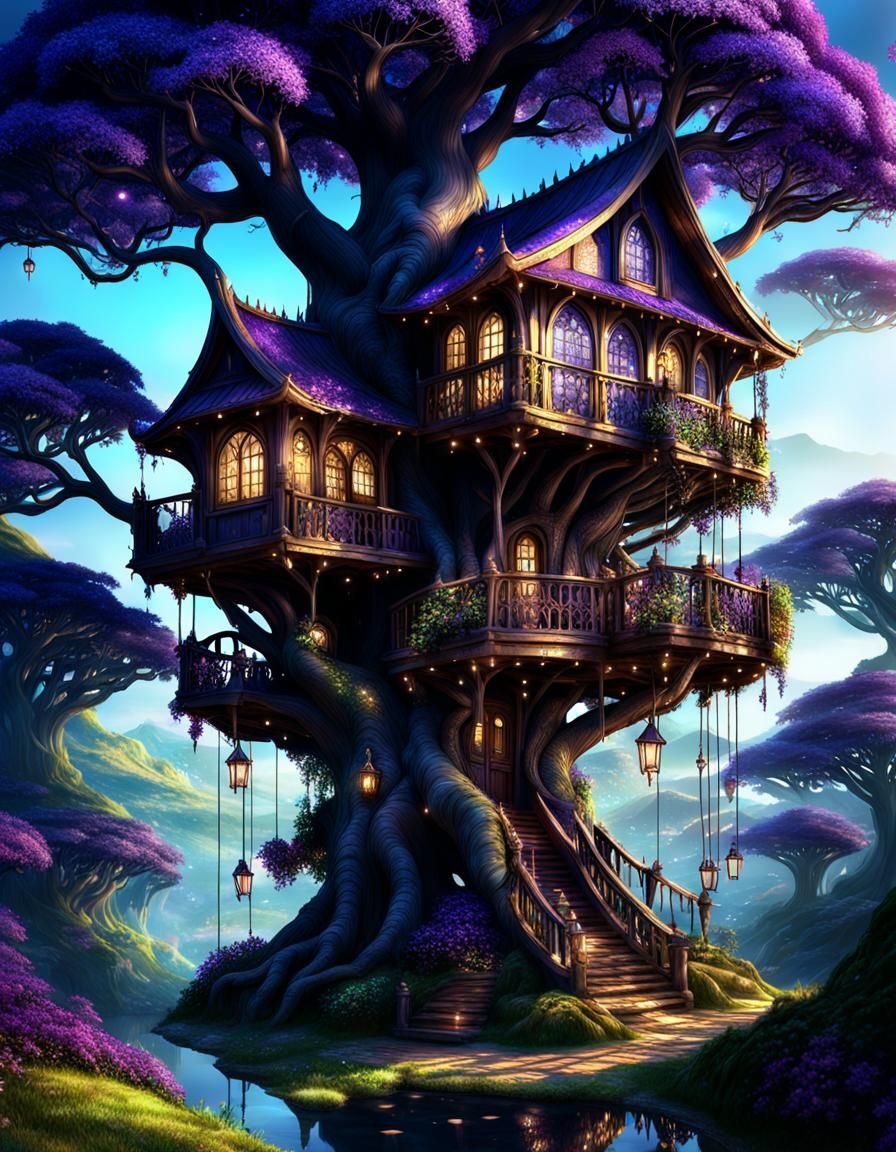 Opulent Elven Treehouse in Jacaranda Tree