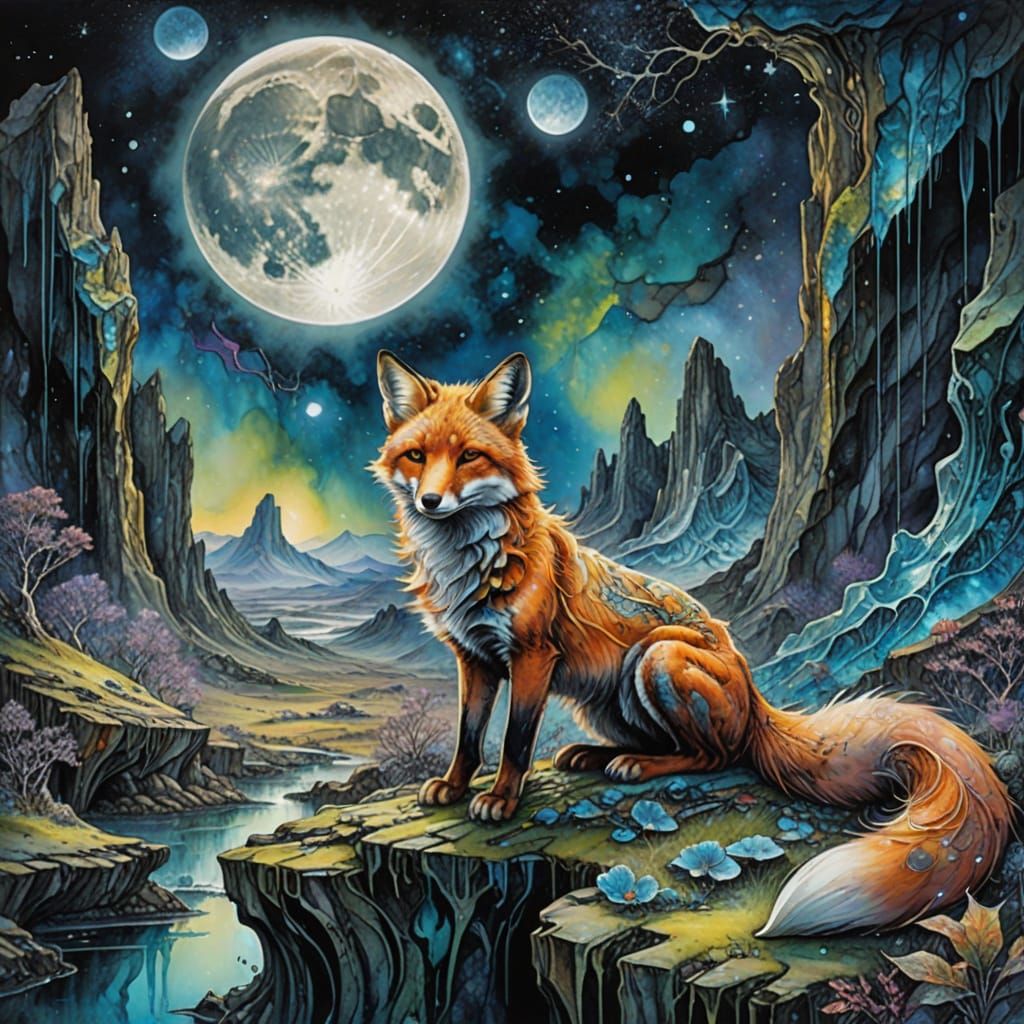 Surreal Lunar Plateau with Glittering Basalt Fox