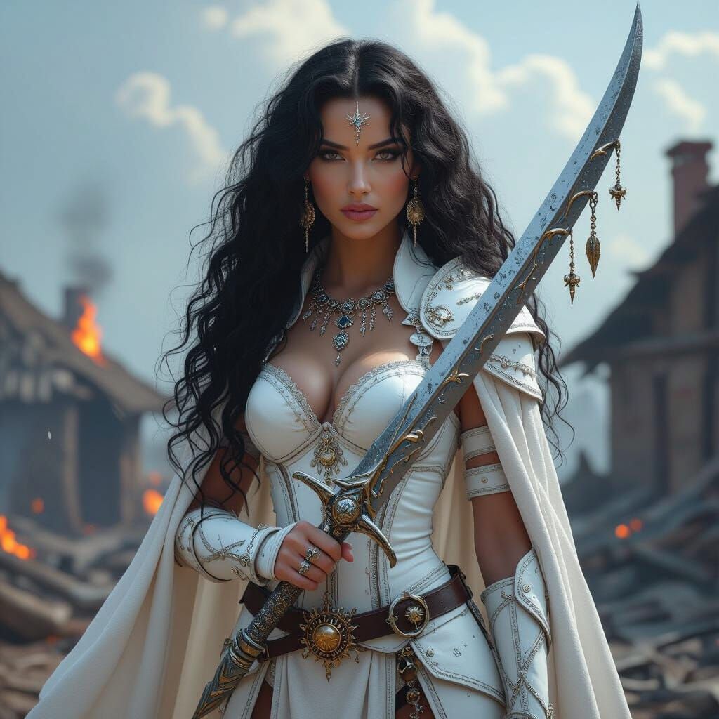 Goliath Woman Warrior in Burned Village, Fantasy Art