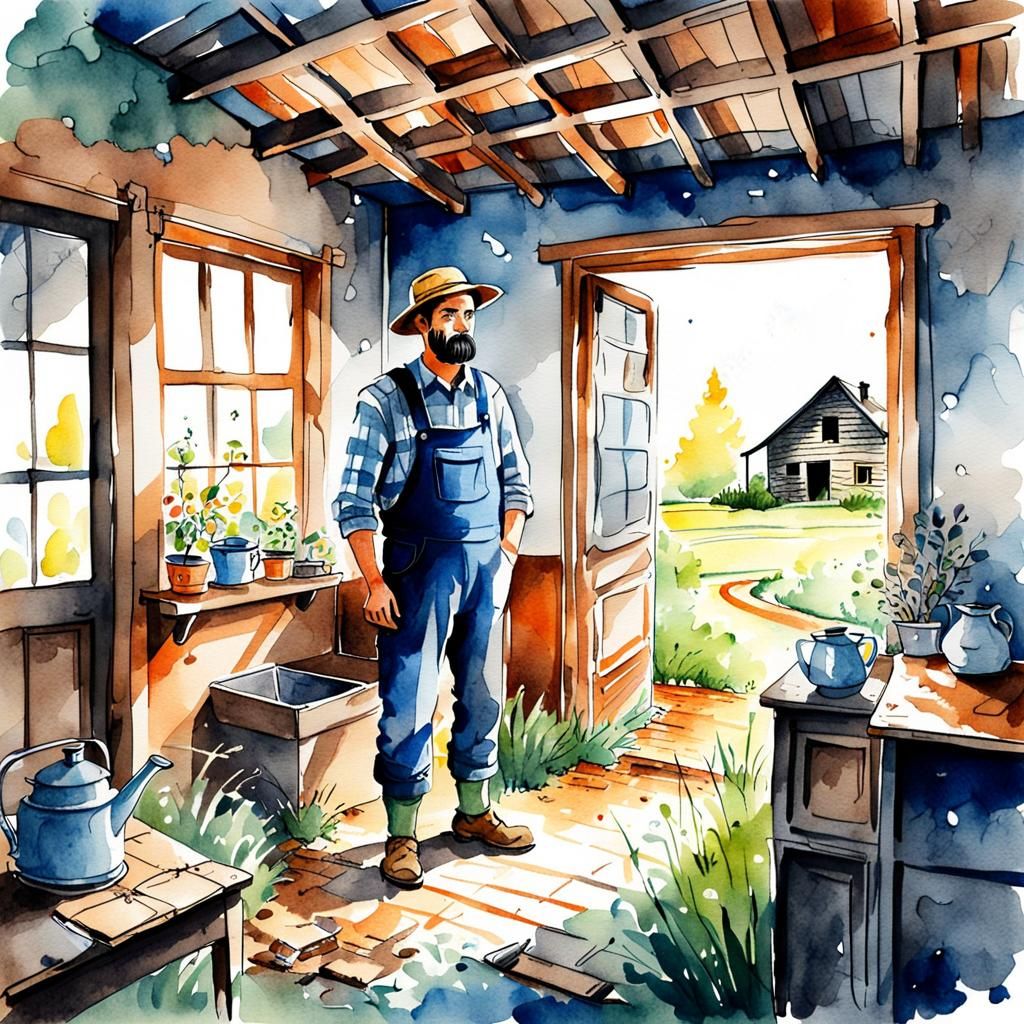 Watercolor Sketch of Farmer in Cozy Abandoned House