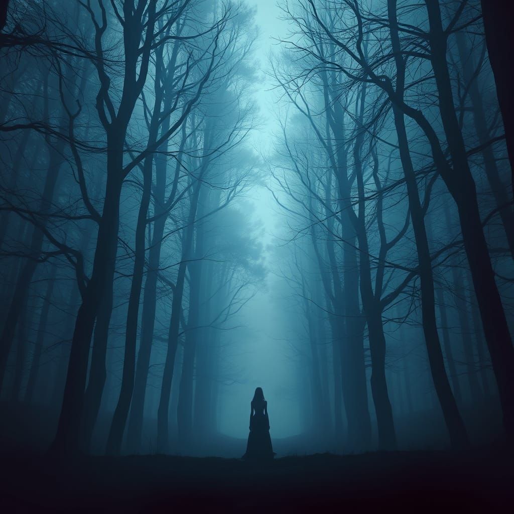 Ethereal Woman in Mysterious Forest Scene