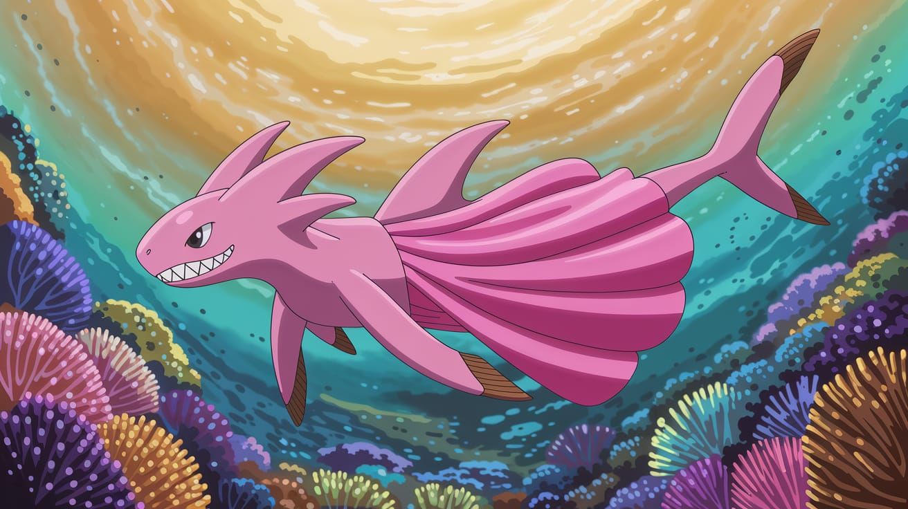 Vibrant Coral Reef Shark-Tailed Creature in Anime Style