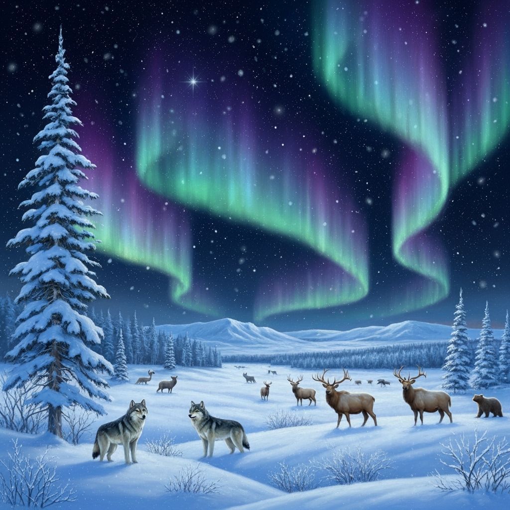Winter Yellowstone Landscape: Wildlife Under Auroras