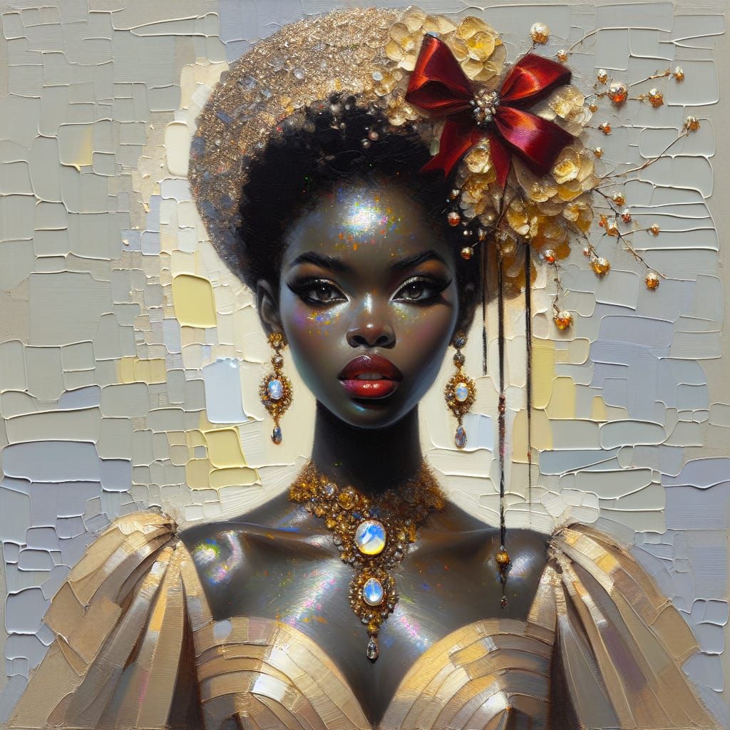 Elegant Portrait of Black Woman in Opulent Gold Dress