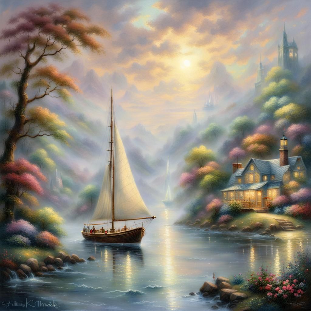Ethereal Sailing Ships in Misty Fantasy Landscape