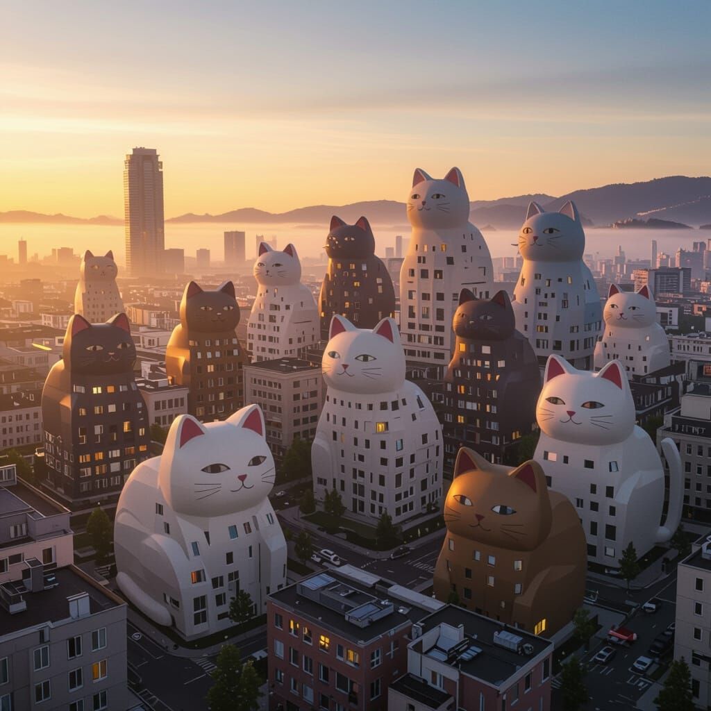 Surreal Cat-Shaped Buildings in Cozy Cityscape