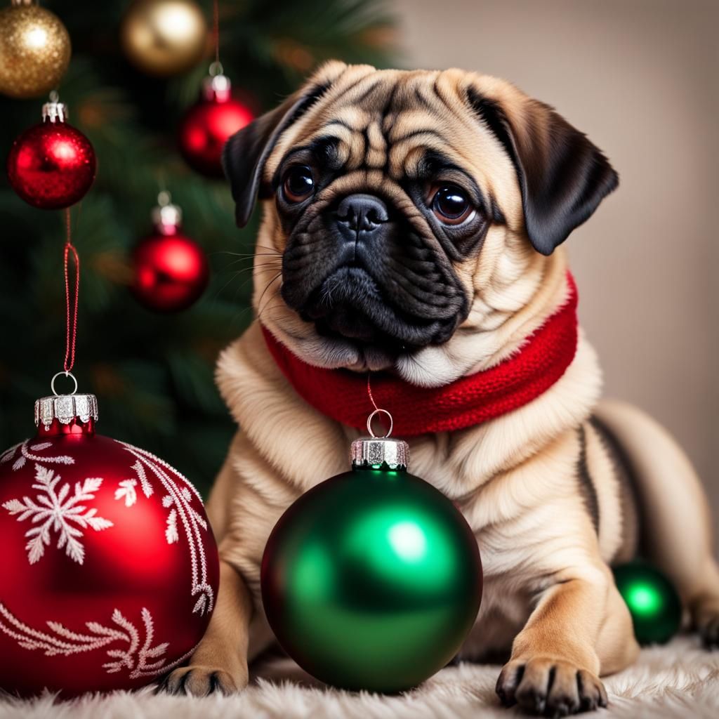 Tan Pug Puppy's Christmas Joy