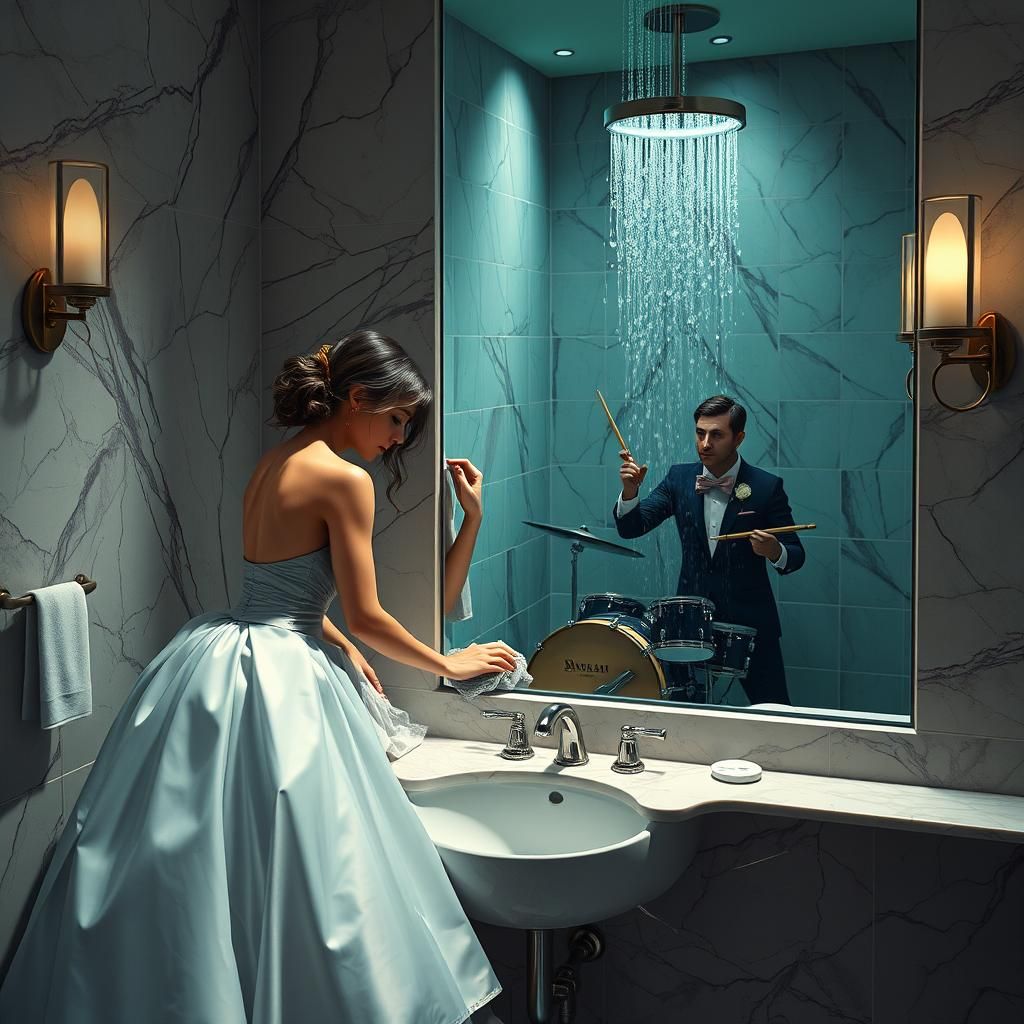 Woman in Gown Cleans Bathroom Mirror