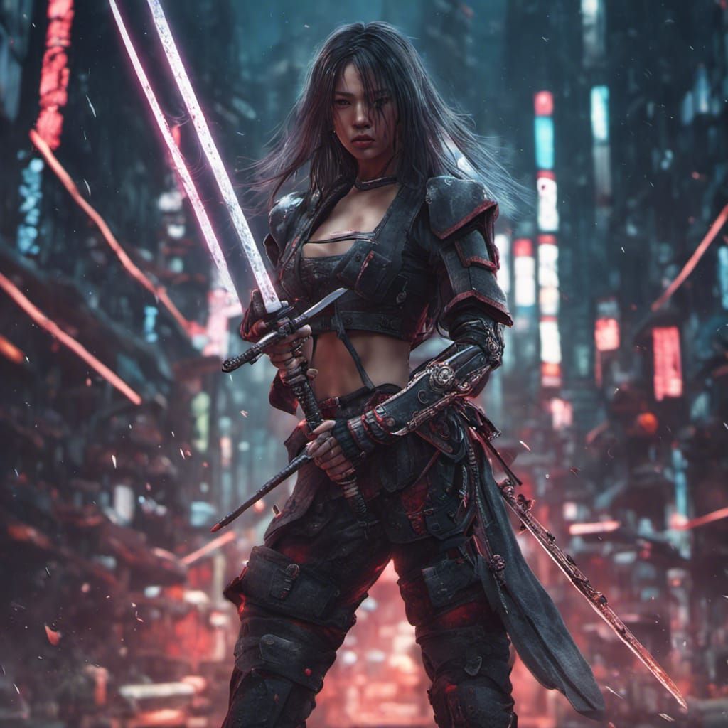 Cyberpunk Samurai Girl with Double Katanas in 3D