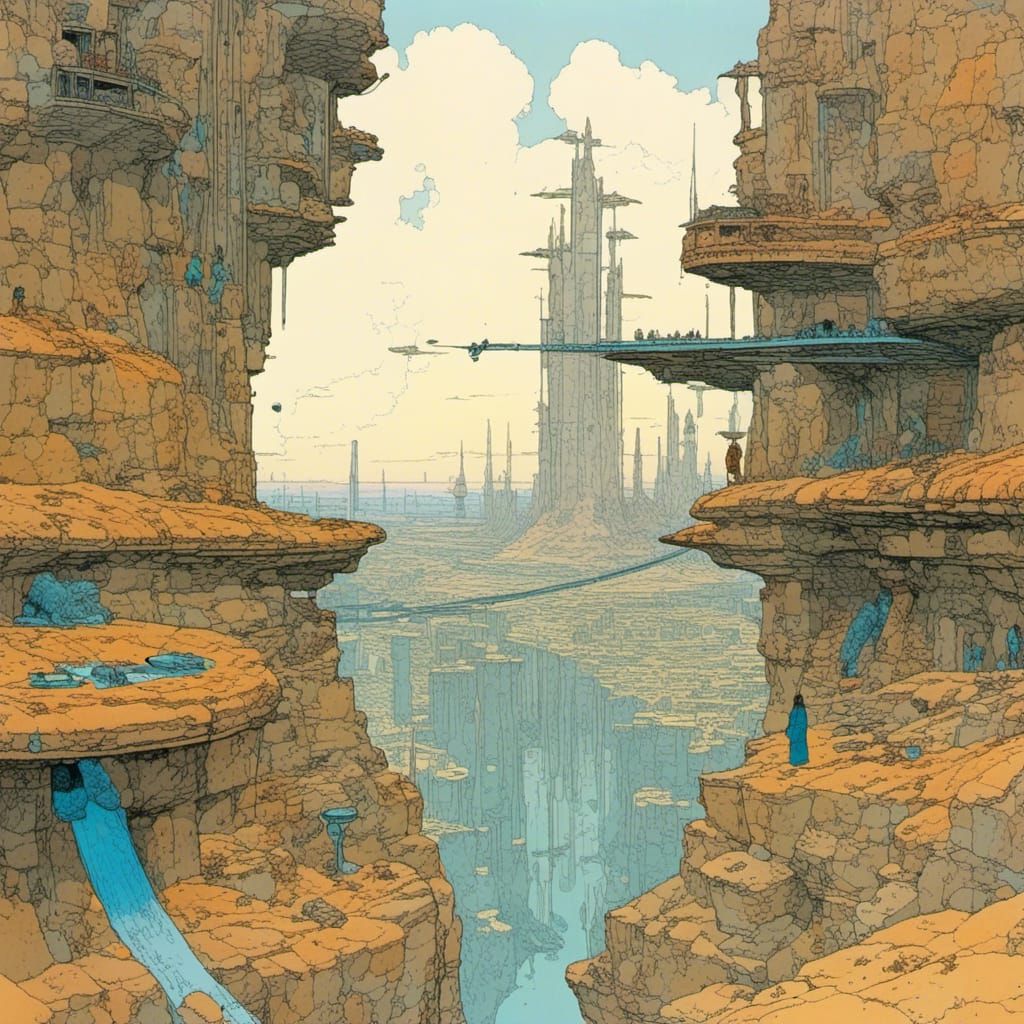 Moebius-Style City on a Stone Bridge