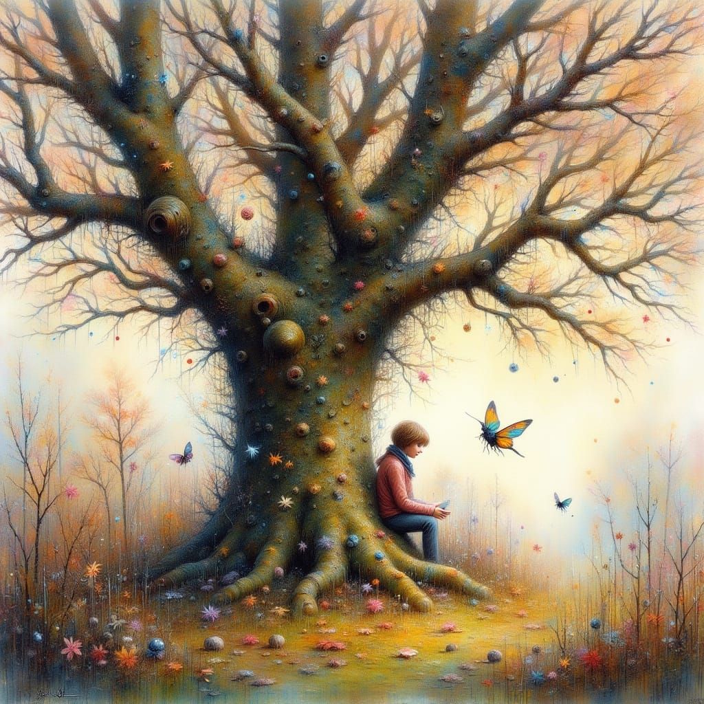 Ancient Oak Tree with Fireflies in Golden Light