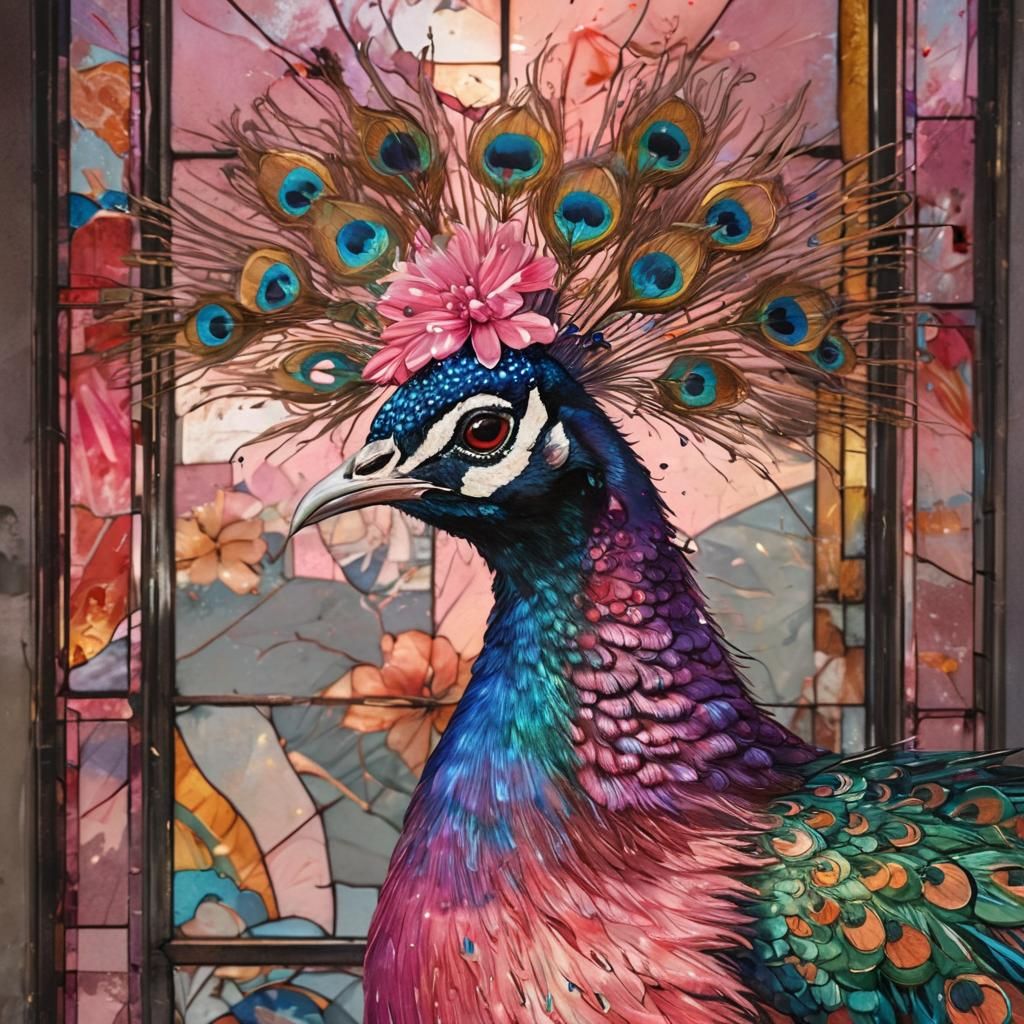 Gilded Peacock in Vibrant Woodblock Style