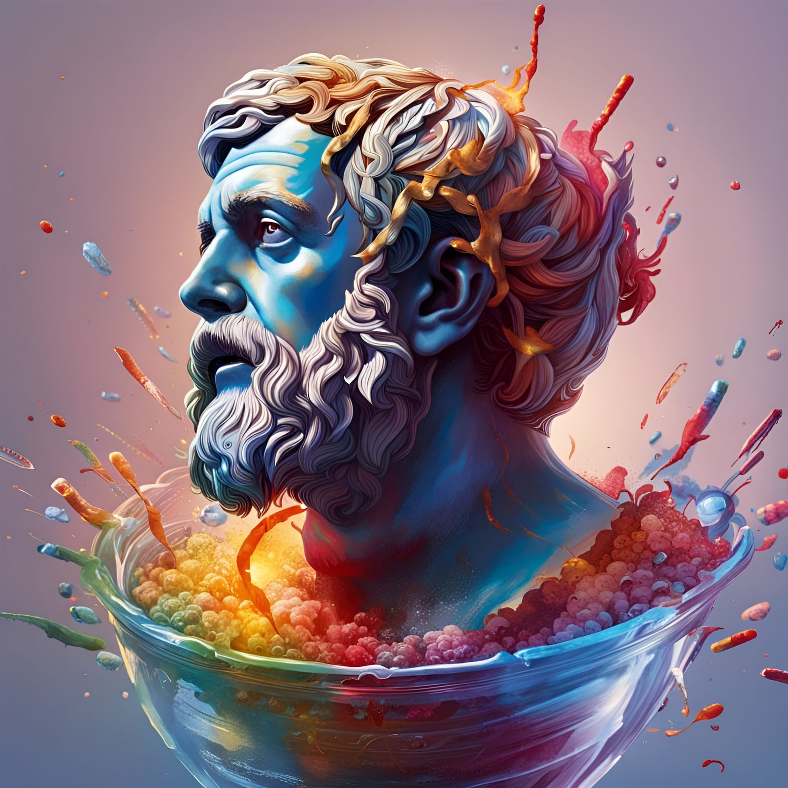 Hyperrealistic Plato Dying of Love in Splash Art